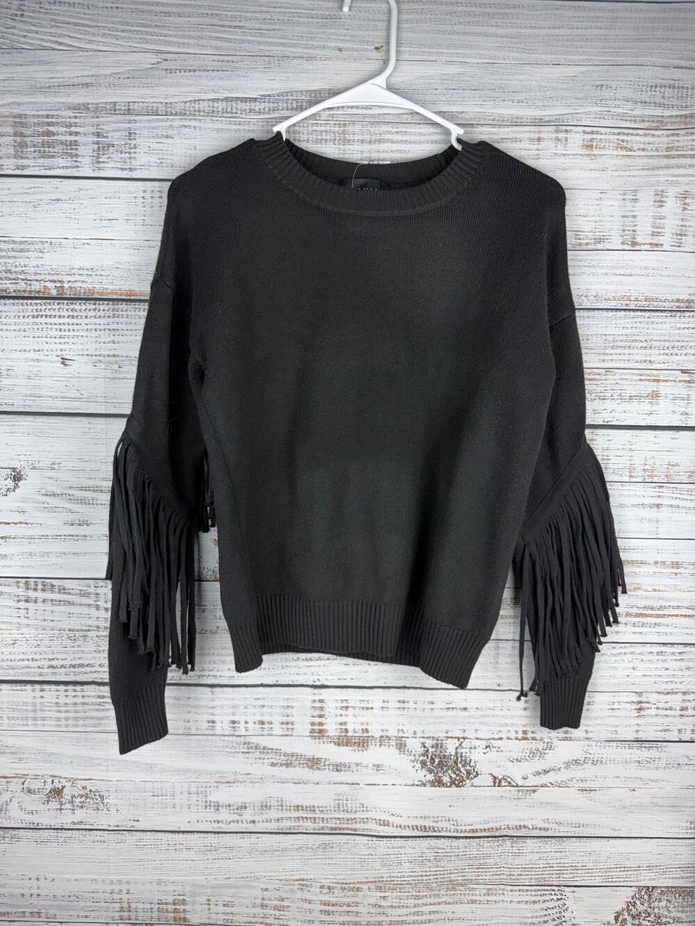 Premise Black Fringe Sweater Boxy Festival New XS Soft Stretch Western Boho